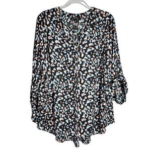 41 Hawthorn Womens Plus Size 3X Black Roll Tab Sleeve V-Neck Blouse